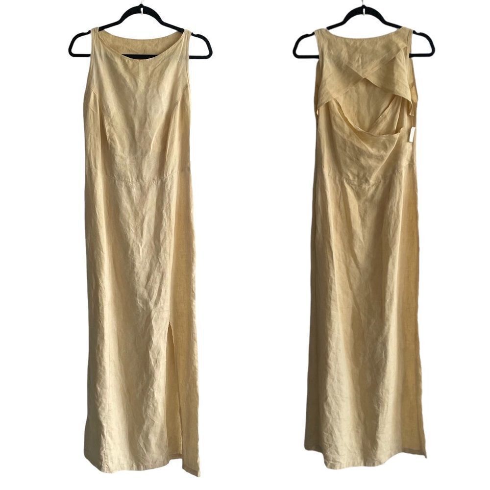 TERRAWARE Mykonos Linen Sleeveless Open Back Maxi Dress Front Slit Yellow XS